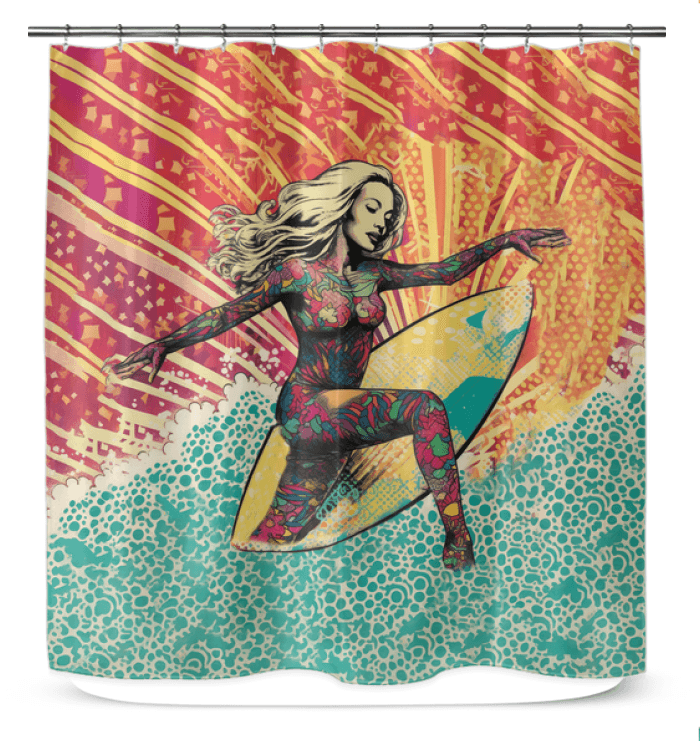 Close-up of the Surfing1 01 Shower Curtain, highlighting the detailed surf-themed graphics, adding a splash of color and adventure to any shower.