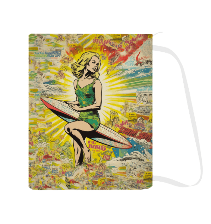 Empty Surfing 1 25 Laundry Bag standing in a room, displaying its lively surf design, adding a functional yet stylish element to your home decor.