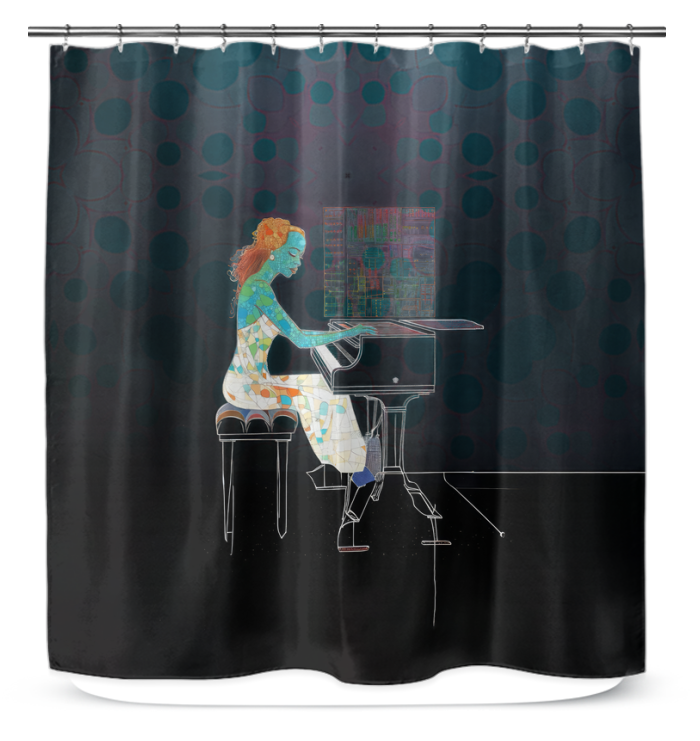 A bathroom scene with the Iris Illumination Shower Curtain hanging from a rod, displaying its vibrant colors and intricate patterns.