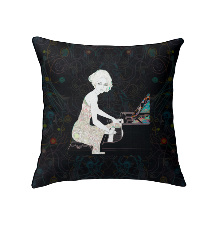 Vibrant and soft Whispers of Spring Indoor Pillow on a comfortable armchair.