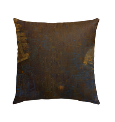 Whimsical rabbit artist design on decorative outdoor pillow.