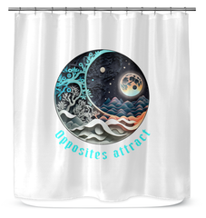 Electrify blue shower curtain with Ying Yang design.