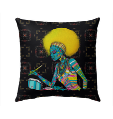 Musical-themed outdoor pillow adding comfort to a cozy deck setting.