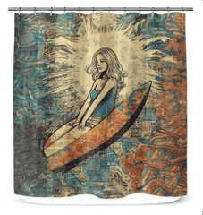 Surfing 1 28 Shower Curtain in a bathroom setting, showcasing its vibrant surf-inspired design for an invigorating shower experience.