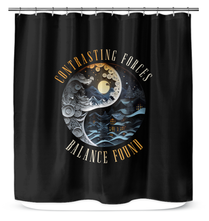 Serene Ying Yang design on shower curtain for peaceful baths.