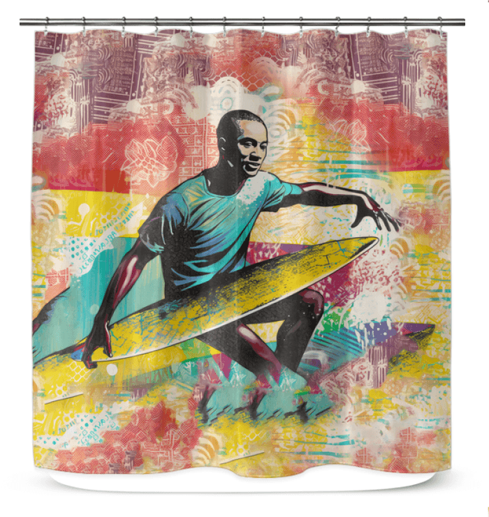 Surfing 1 45 Shower Curtain in a bathroom setting, featuring vibrant surf-inspired imagery for a refreshing and stylish bath experience.