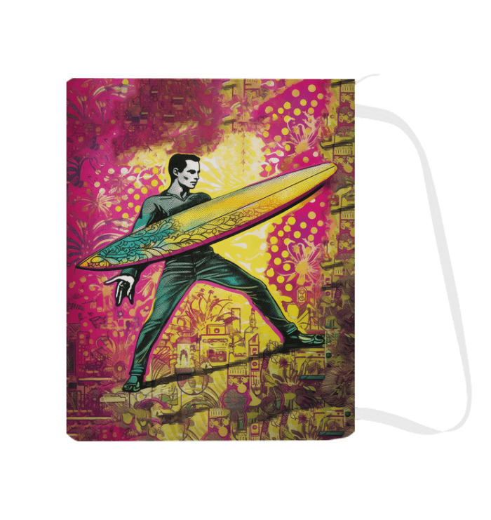 The Surfing 1 07 Laundry Bag standing against a bedroom backdrop, displaying its colorful surf design and adding a fun, decorative element to the room.