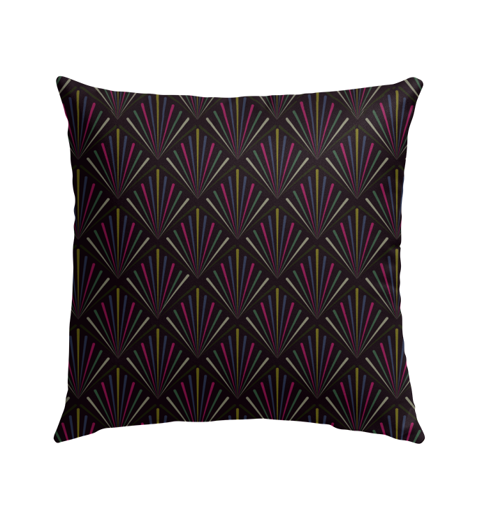 Weather-resistant Moroccan tile outdoor pillow in patio setting