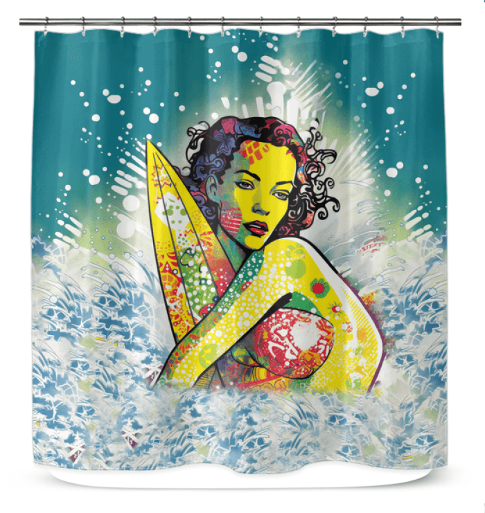 Surfing 1 51 Shower Curtain in a bathroom, showcasing its vibrant surf board design for a lively and stylish bathing environment.