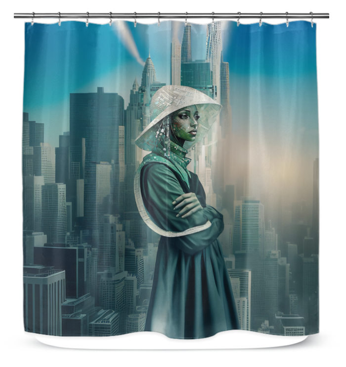 Mystic Mirage Beyond Style Shower Curtain hanging in bathroom.