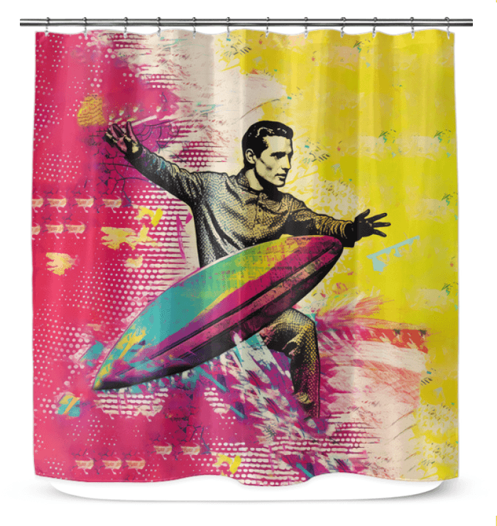 Surfing 1 06 Shower Curtain installed in a bathroom, featuring vibrant colors and dynamic surf imagery, creating a beach-like atmosphere.