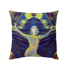 Artistic Crescendo Outdoor Pillow on an elegant patio lounger.