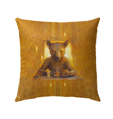 Woodland bear design outdoor pillow on garden bench