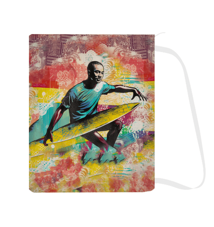 The Surfing 1 45 Laundry Bag displayed in a stylish setting, its vibrant surf-themed graphics adding a fun, decorative touch to functional laundry storage.