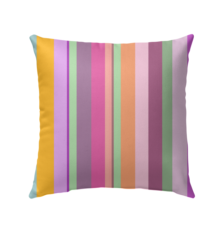 Vibrant Summer Stripes Outdoor Pillow on a sunlit patio chair