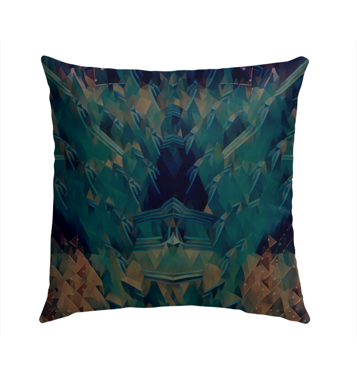 Stylish outdoor pillow with Melodic Fusion design on a balcony lounge.