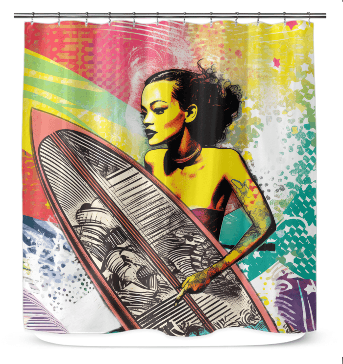 Contemporary Surfing 5 29 Shower Curtain with vibrant surf and beach graphics, ideal for a modern bathroom refresh.