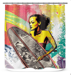 Contemporary Surfing 5 29 Shower Curtain with vibrant surf and beach graphics, ideal for a modern bathroom refresh.