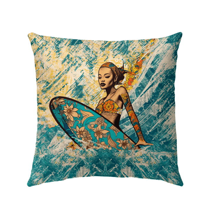 Coastal Elegance Outdoor Pillow Embrace Surfing Beauty - Beyond T-shirts