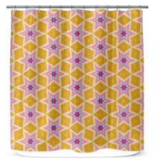 Vibrant ethnic pattern shower curtain in bathroom setting.