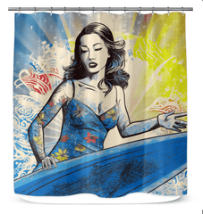 Surfing Sun Shower Curtain Radiate Coastal Vibes - Beyond T-shirts