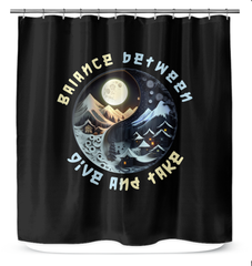 Balanced bathroom decor with Ying Yang shower curtain.