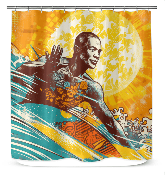 Surfing 5 18 Shower Curtain with dynamic ocean and surfboard design for a refreshing bathroom look.