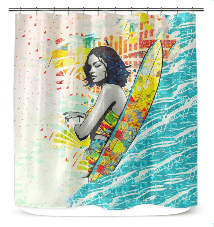 Surfing 1 48 Shower Curtain enhancing a bathroom with its bright and bold surf imagery, offering a refreshing shower experience.