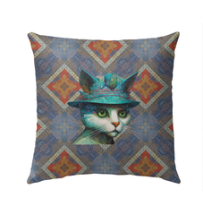 Majestic Cat Illustrated Outdoor Pillow on Patio Furniture