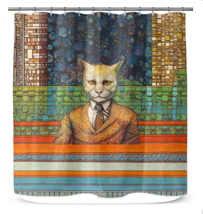 Artistic shower curtain with classic cat illustrations for bathroom decor.