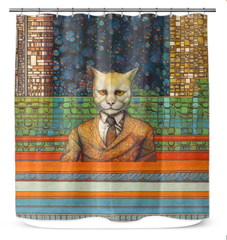 Artistic shower curtain with classic cat illustrations for bathroom decor.