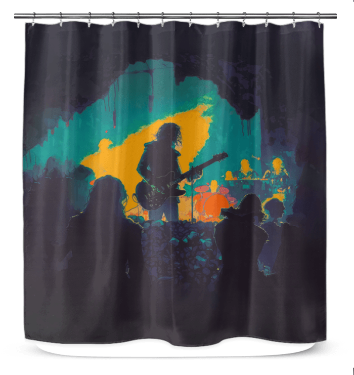 NS-850 shower curtain in a modern bathroom setting showing its full length and pattern.