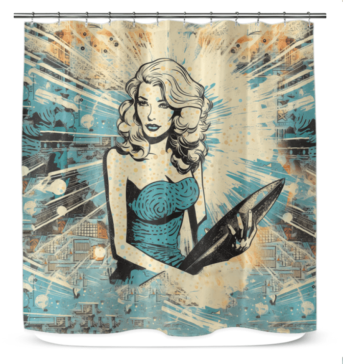 Surfing 1 18 Shower Curtain featured in a bathroom, bringing a splash of vibrant surf culture to the decor with its eye-catching design.