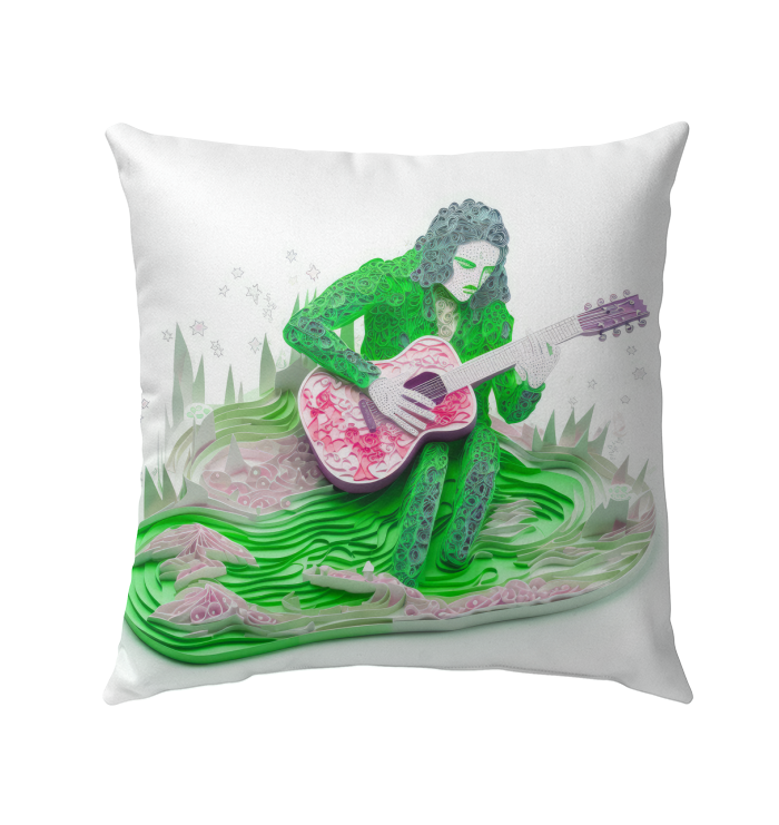 Vibrant Harmony Butterfly Outdoor Pillow nestled in a garden setting.
