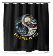 Tropical-themed shower curtain featuring Ying Yang symbol.