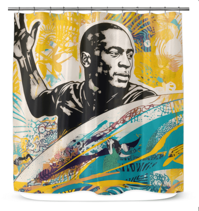 Elegant and durable Surfing 5 14 Shower Curtain with a vibrant coastal theme.