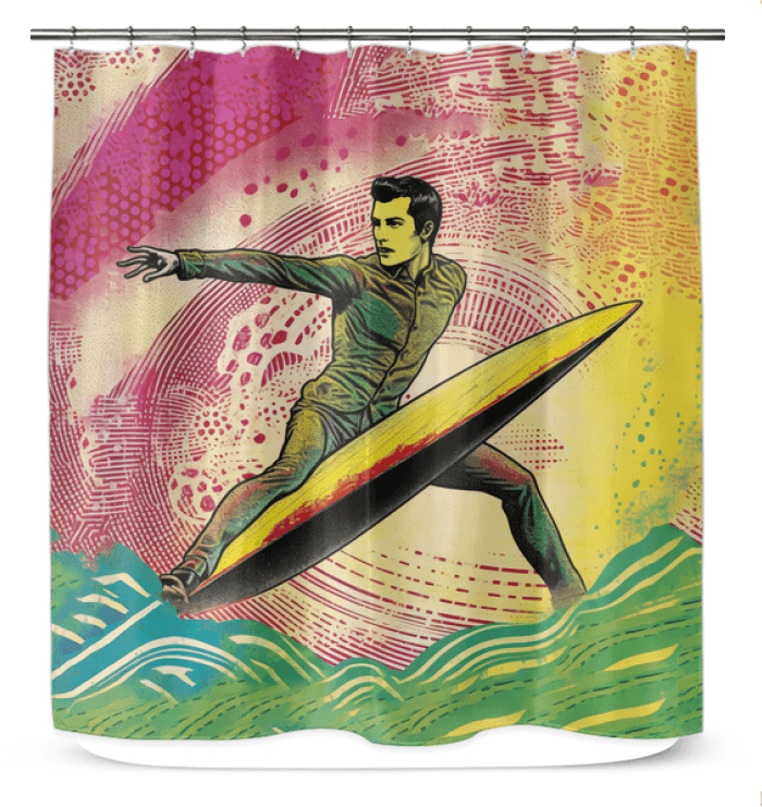 Surfing 1 09 Shower Curtain in a bathroom setting, showcasing its vivid surf design and transforming the shower area into a beachfront experience.