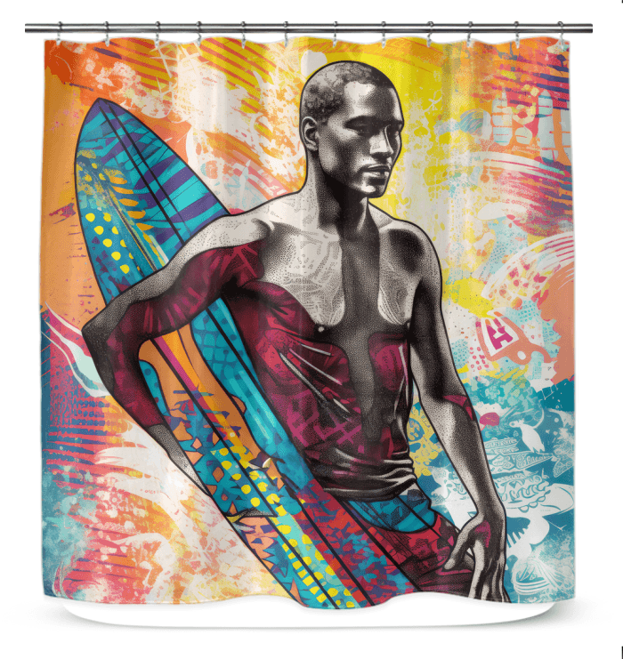 Refreshing Surfing 5 13 Shower Curtain featuring a vibrant coastal scene for a serene bath experience.