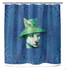 Stylish dog outline pattern on shower curtain enhancing bathroom aesthetics.