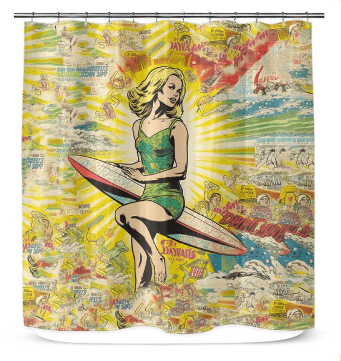 Detail of Surfing 1 25 Shower Curtain, showcasing its lively surf-themed graphics, perfect for infusing your bathroom with coastal charm.