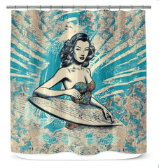 Surfing 1 44 Shower Curtain displayed in a bathroom, adding a vibrant surf vibe with its eye-catching design and transforming the space into a coastal retreat.