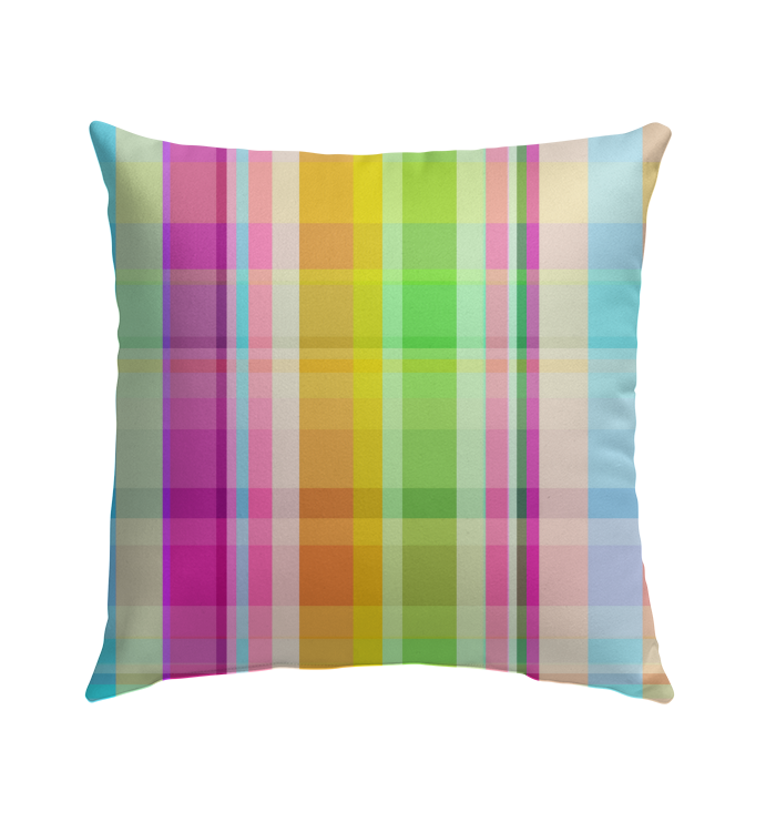 Outdoor scene showcasing the Electric Sunrise Outdoor Pillow, bringing a burst of sunrise colors to the patio decor, creating a cheerful and inviting atmosphere.