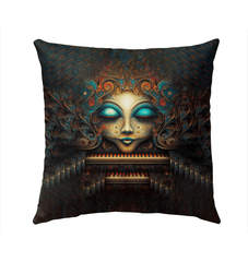 Stylish outdoor pillow with vintage design on patio chair.