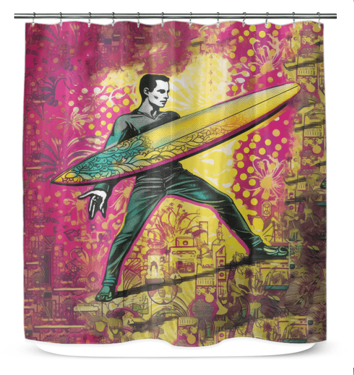 Surfing 1 07 Shower Curtain enhancing a bathroom setup, showcasing vibrant surf-inspired graphics for a lively bathing atmosphere.