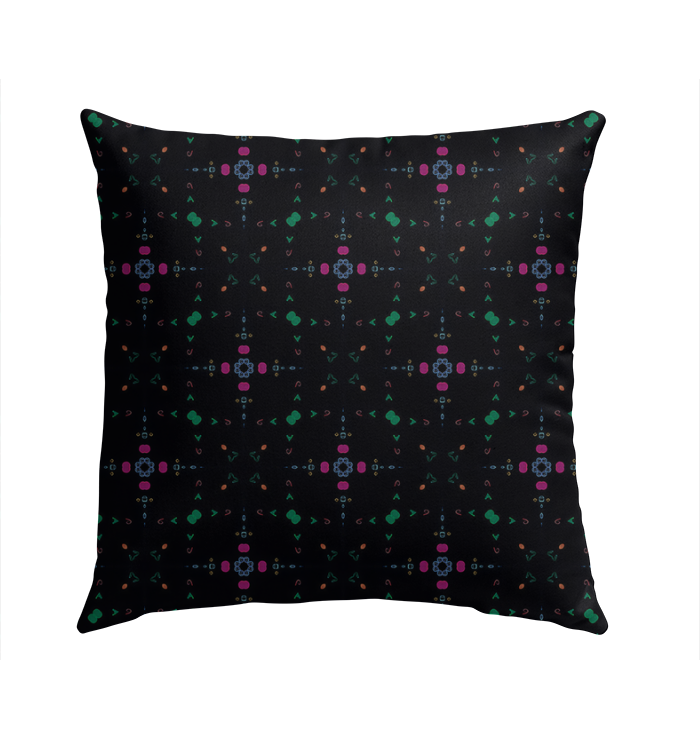 Elegant outdoor pillow with flowing melodies design on a garden bench.