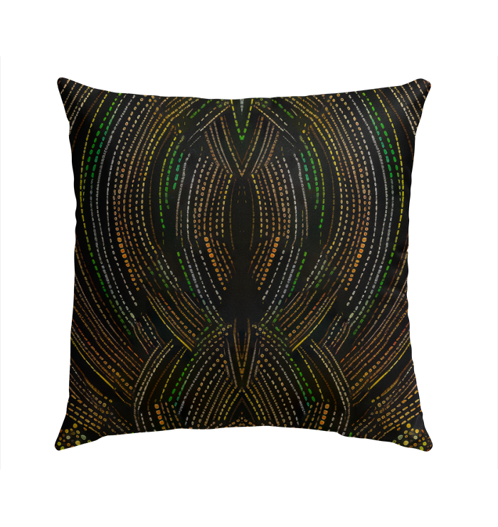 Outdoor pillow with elegant motion design on a cozy patio chair.