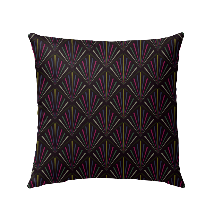 Elegant Moroccan tile design outdoor pillow on garden bench