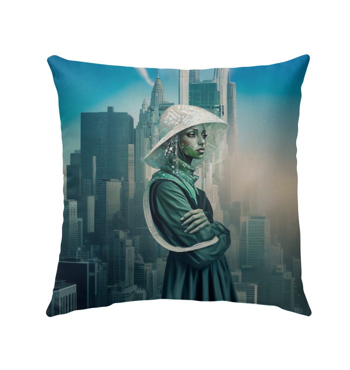 Mystic Whisper Beyond Style Outdoor Pillow on a cozy patio chair.