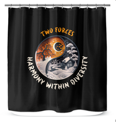 Ying Yang shower curtain featuring fiery passion theme.