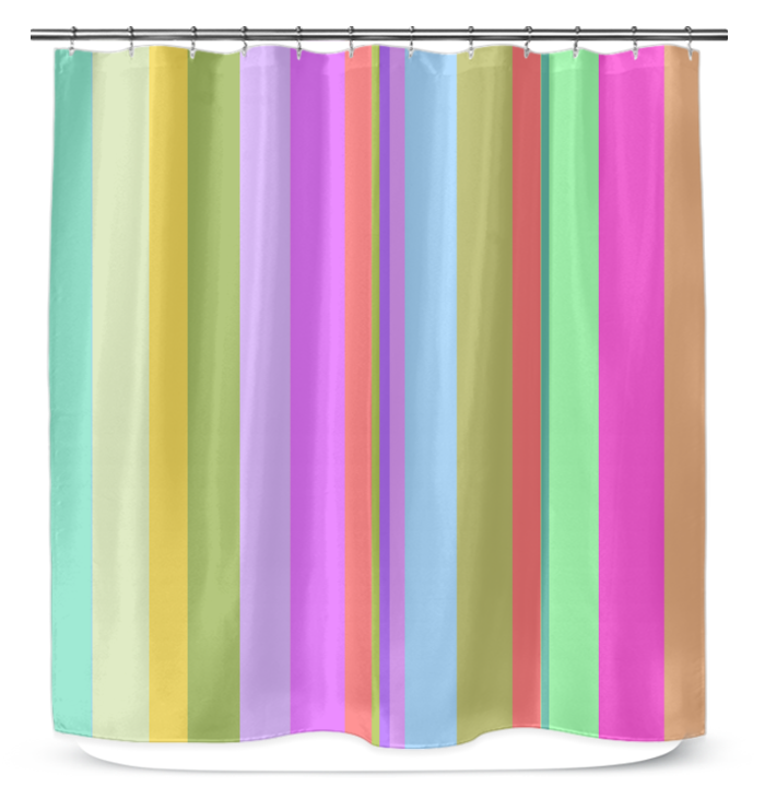 Rainbow Dreams Stripe Shower Curtain in a bathroom, showcasing bright, lively stripes.